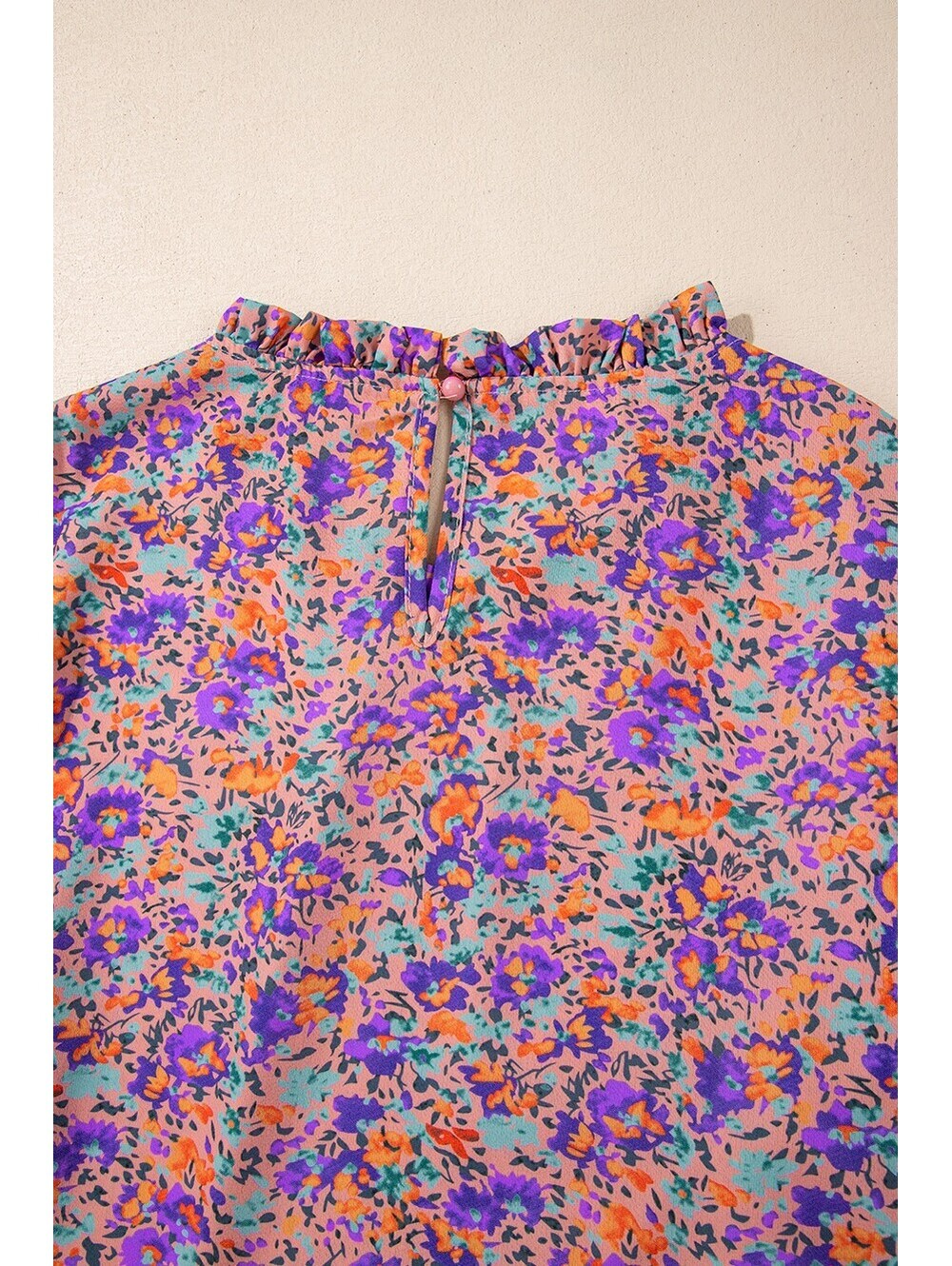 Women's Long Sleeve Floral Print Blouse with Ruffled Neck and Smocked Cuffs - Picture 4 of 7